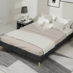 Lit Double 140x200 cm - Lit Adulte Minimaliste et Stable, Sans Tête de Lit et Sans Vérin, Sans Matelas, en Velours Hollandais Gris>Okwish New