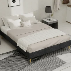 Lit Double 140x200 cm - Lit Adulte Minimaliste et Stable, Sans Tête de Lit et Sans Vérin, Sans Matelas, en Velours Hollandais Gris>Okwish New