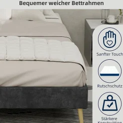 Lit Double 140x200 cm - Lit Adulte Minimaliste et Stable, Sans Tête de Lit et Sans Vérin, Sans Matelas, en Velours Hollandais Gris><noscript><img width=