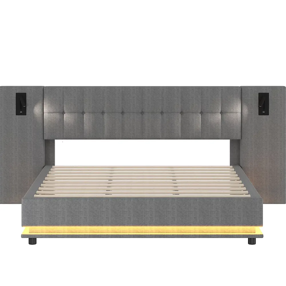 Okwish Lit Double 180x200 cm - Lit Adulte Rembourré avec Tête de Lit LED et Prise USB - Lin + MDF - Sans Matelas - Gris* Lit Double