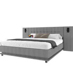 Okwish Lit Double 180x200 cm - Lit Adulte Rembourré avec Tête de Lit LED et Prise USB - Lin + MDF - Sans Matelas - Gris* Lit Double