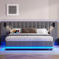 Okwish Lit Double 180x200 cm - Lit Adulte Rembourré avec Tête de Lit LED et Prise USB - Lin + MDF - Sans Matelas - Gris* Lit Double