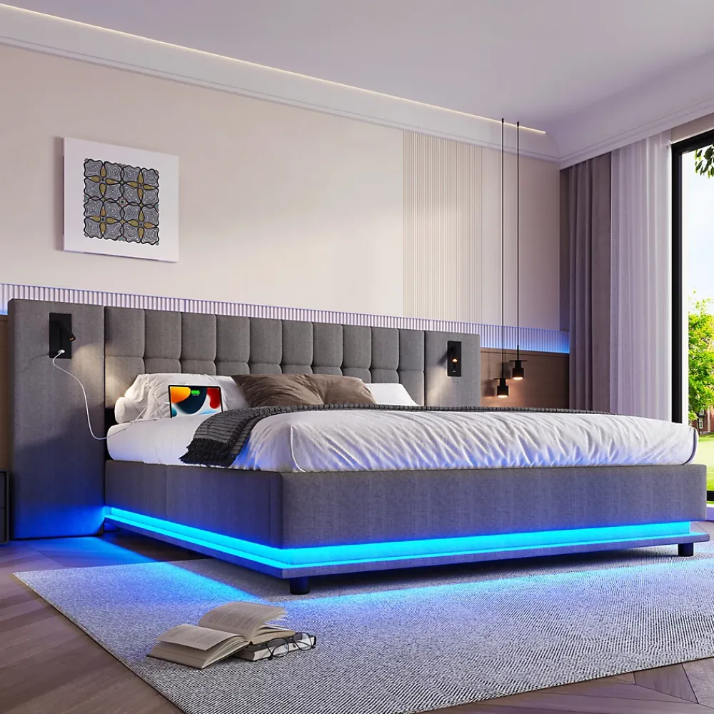 Okwish Lit Double 180x200 cm - Lit Adulte Rembourré avec Tête de Lit LED et Prise USB - Lin + MDF - Sans Matelas - Gris* Lit Double