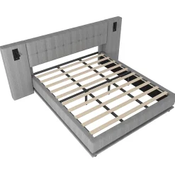 Okwish Lit Double 180x200 cm - Lit Adulte Rembourré avec Tête de Lit LED et Prise USB - Lin + MDF - Sans Matelas - Gris* Lit Double