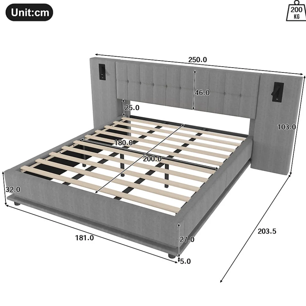 Okwish Lit Double 180x200 cm - Lit Adulte Rembourré avec Tête de Lit LED et Prise USB - Lin + MDF - Sans Matelas - Gris* Lit Double