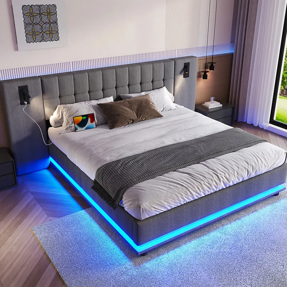 Okwish Lit Double 180x200 cm - Lit Adulte Rembourré avec Tête de Lit LED et Prise USB - Lin + MDF - Sans Matelas - Gris* Lit Double