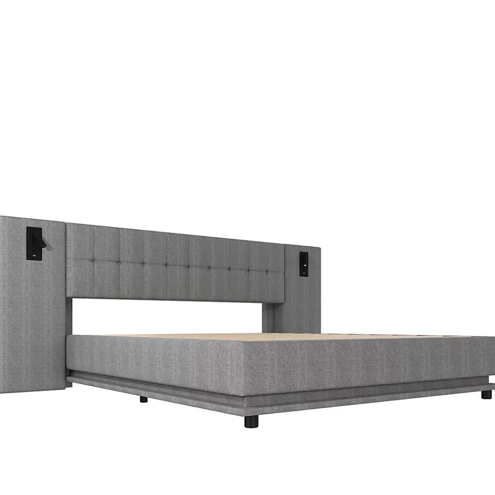 Okwish Lit Double 180x200 cm - Lit Adulte Rembourré avec Tête de Lit LED et Prise USB - Lin + MDF - Sans Matelas - Gris* Lit Double
