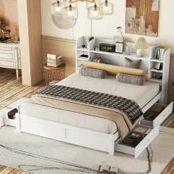 Okwish Lit Double 180x200 cm - Lit Adulte avec 4 Tiroirs et Tête Multifonctionnelle - Bois de Pin et MDF - Blanc - Sans Matelas* Lit Double