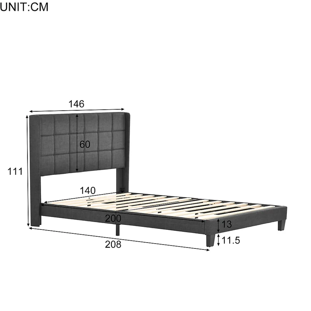 Okwish Lit double 140x200 cm - Lit adulte capitonné avec sommier à lattes - Lin - avec Matelas - Gris* Ensemble Sommier Et Matelas