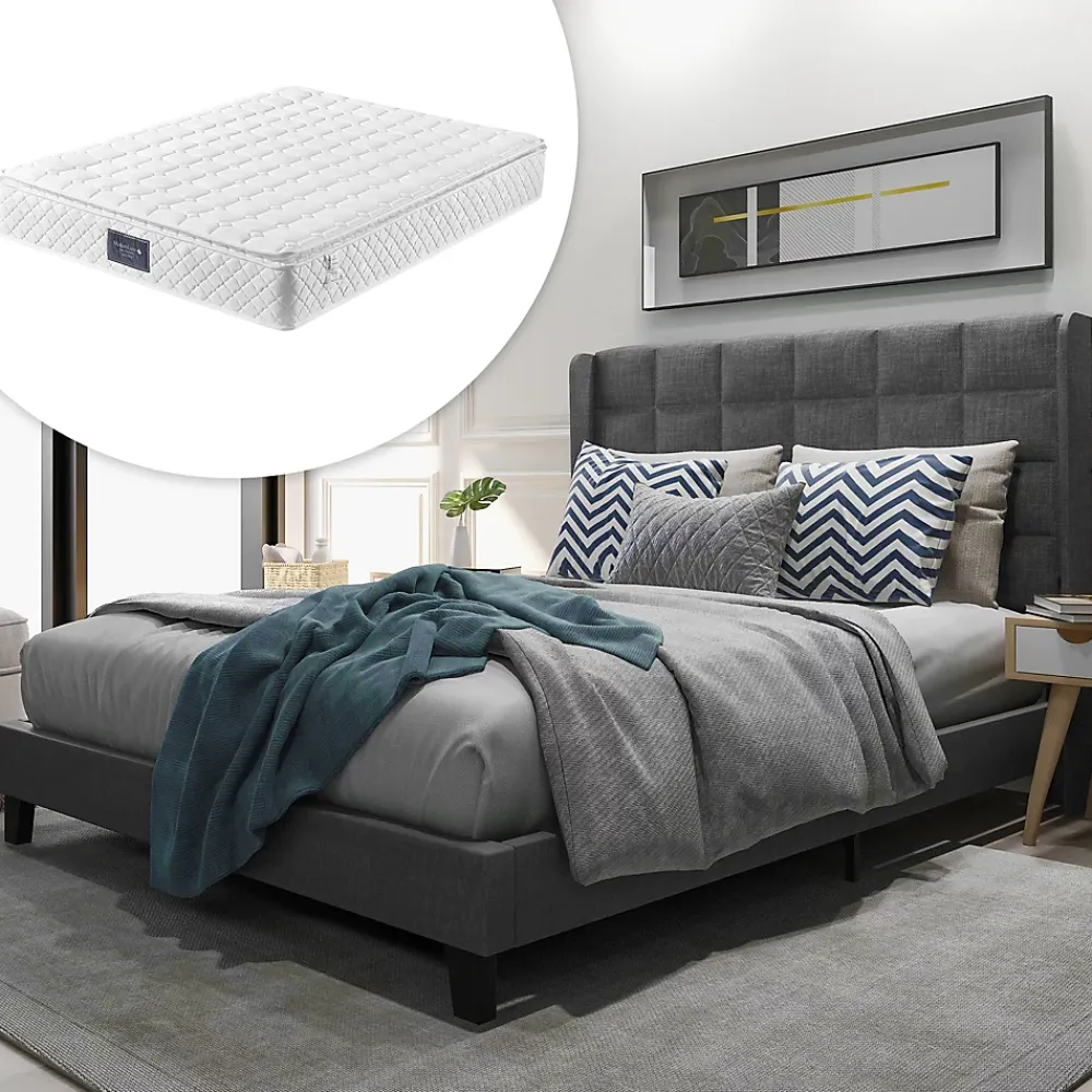 Okwish Lit double 140x200 cm - Lit adulte capitonné avec sommier à lattes - Lin - avec Matelas - Gris* Ensemble Sommier Et Matelas