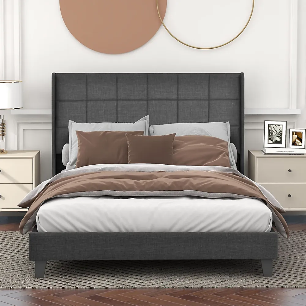 Okwish Lit double 140x200 cm - Lit adulte capitonné avec sommier à lattes - Lin - avec Matelas - Gris* Ensemble Sommier Et Matelas