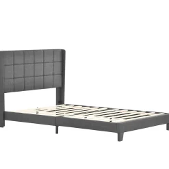 Okwish Lit double 140x200 cm - Lit adulte capitonné avec sommier à lattes - Lin - avec Matelas - Gris* Ensemble Sommier Et Matelas