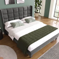 Lit double 140x200 cm - Lit adulte capitonné avec sommier à lattes - Lin - Sans Matelas - Gris>Okwish Best