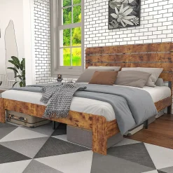 Okwish Lit Double 160x200 cm - Lit Adulte en Bois avec Cadre Métal Robuste - Style Industriel - Sans Matelas - Marron* Lit Double