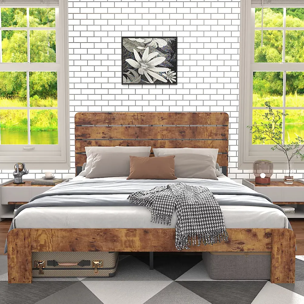 Okwish Lit Double 160x200 cm - Lit Adulte en Bois avec Cadre Métal Robuste - Style Industriel - Sans Matelas - Marron* Lit Double