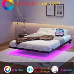 Okwish Lit Double 140x200 cm - Lit Adulte Metal avec Éclairage LED et Ports USB, Contrôle Télécommande App, Noir, sans Matelas* Lit Double