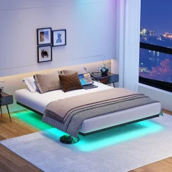 Okwish Lit Double 140x200 cm - Lit Adulte Metal avec Éclairage LED et Ports USB, Contrôle Télécommande App, Noir, sans Matelas* Lit Double