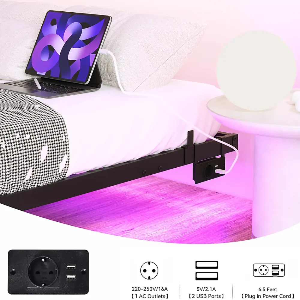 Okwish Lit Double 140x200 cm - Lit Adulte Metal avec Éclairage LED et Ports USB, Contrôle Télécommande App, Noir, sans Matelas* Lit Double