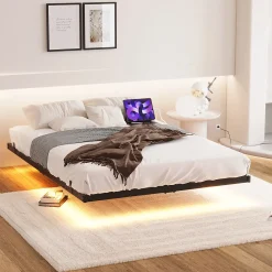 Okwish Lit Double 140x200 cm - Lit Adulte Metal avec Éclairage LED et Ports USB, Contrôle Télécommande App, Noir, sans Matelas* Lit Double