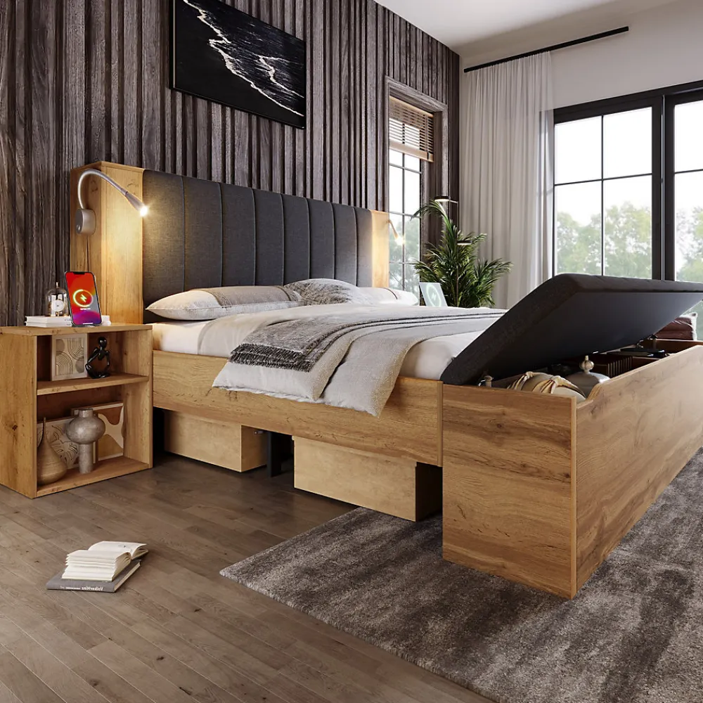 Lit Double 180x200 cm - Lit Adulte avec Tête de Lit Rabattable et Rangement - 2 Tables de Chevet et Banc - Sans Matelas - Naturel>Okwish Sale