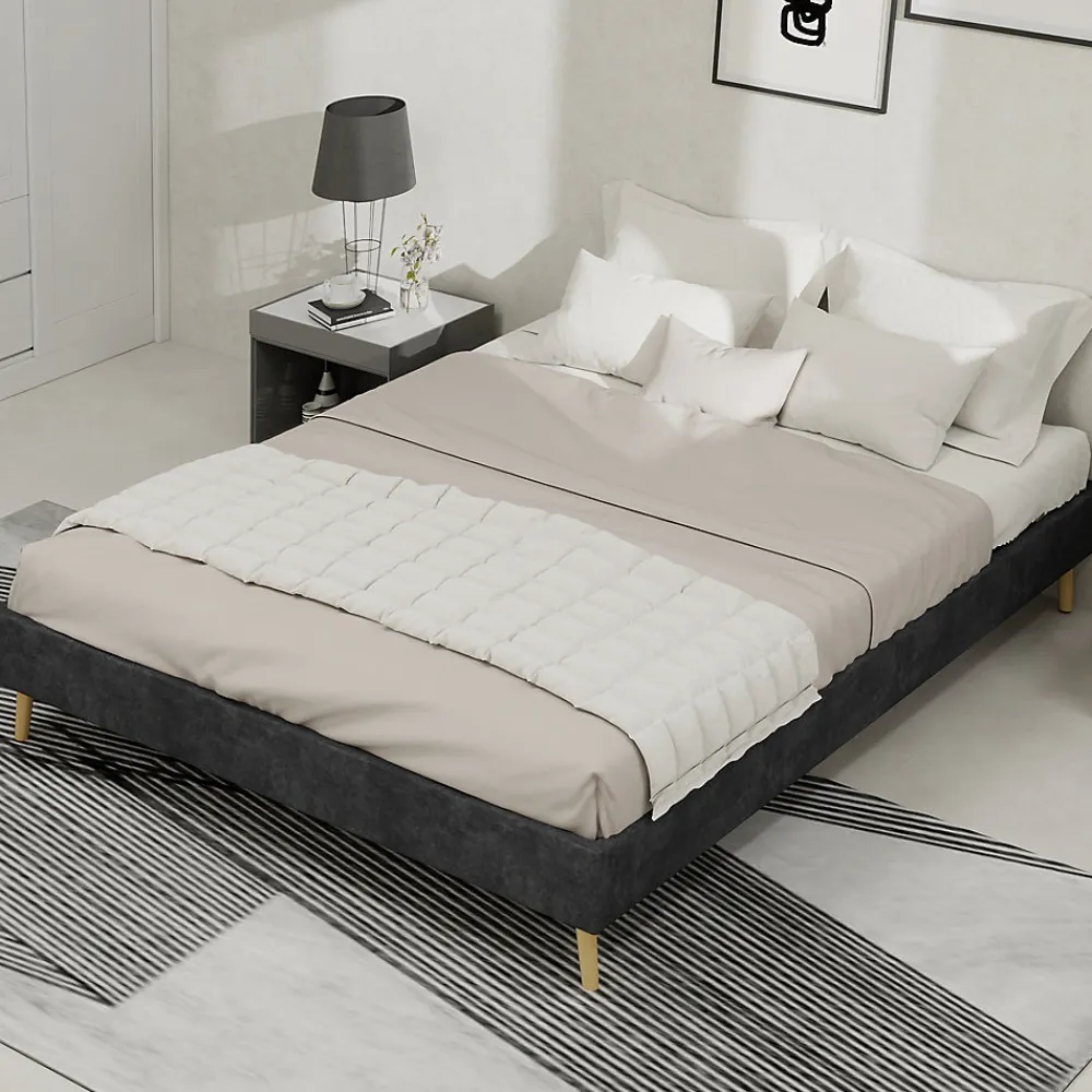 Lit Double 140x200 cm - Lit Adulte/Ado Moderne Style Minimaliste Sans Tête de Lit ni Matelas, Cadre Métal, Velours, Gris>Okwish Outlet