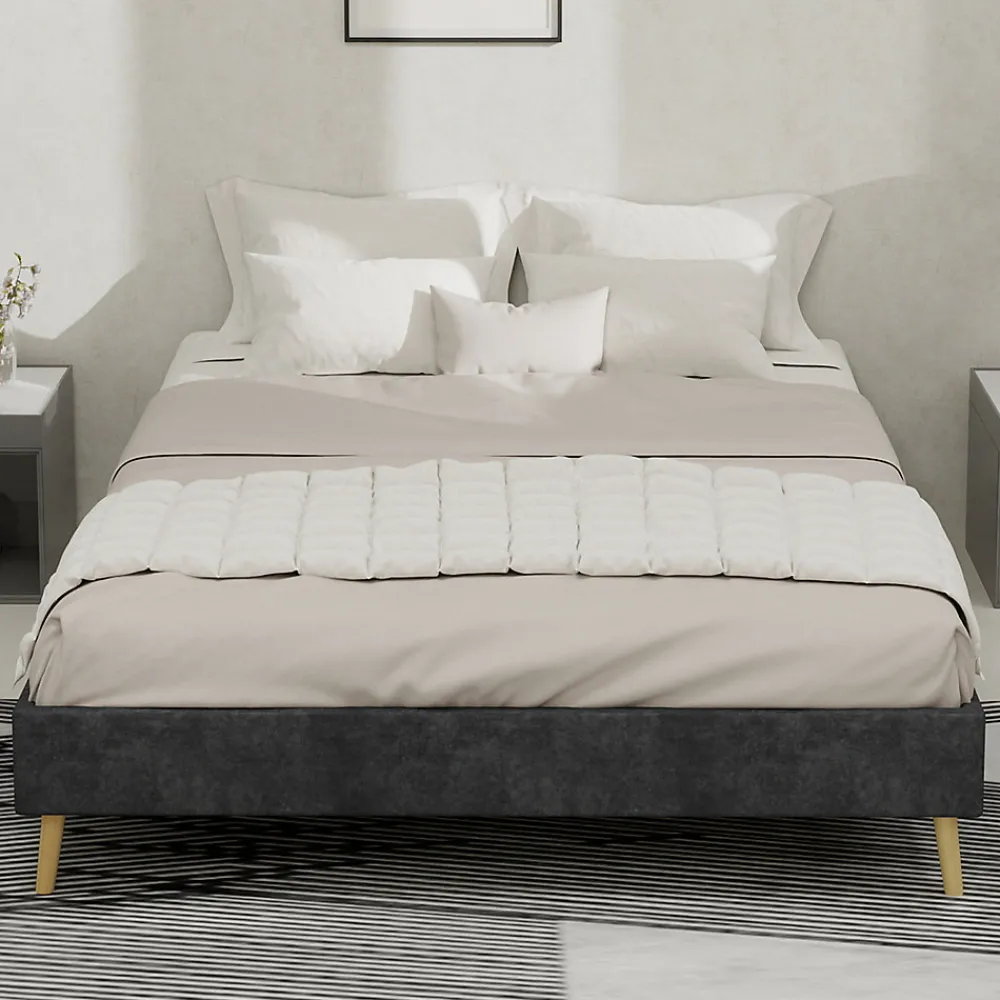 Lit Double 140x200 cm - Lit Adulte/Ado Moderne Style Minimaliste Sans Tête de Lit ni Matelas, Cadre Métal, Velours, Gris>Okwish Outlet