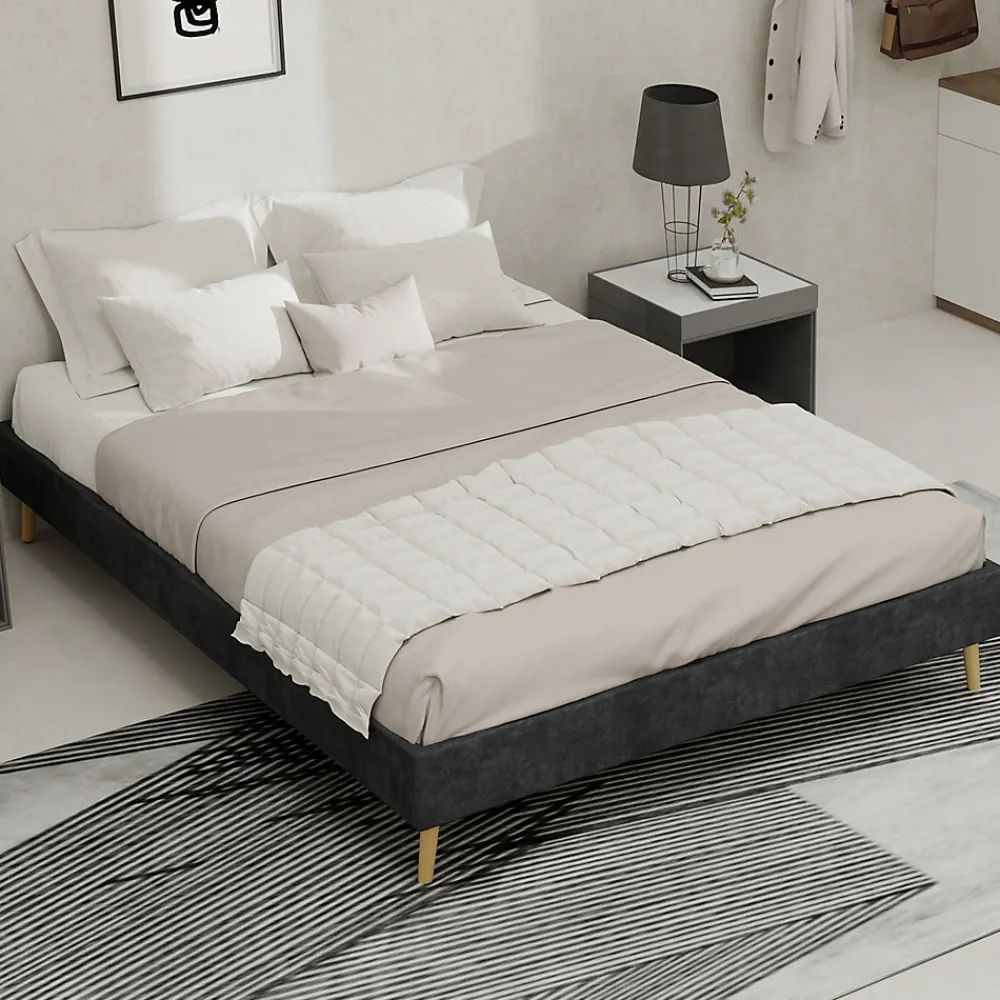 Lit Double 140x200 cm - Lit Adulte/Ado Moderne Style Minimaliste Sans Tête de Lit ni Matelas, Cadre Métal, Velours, Gris>Okwish Outlet