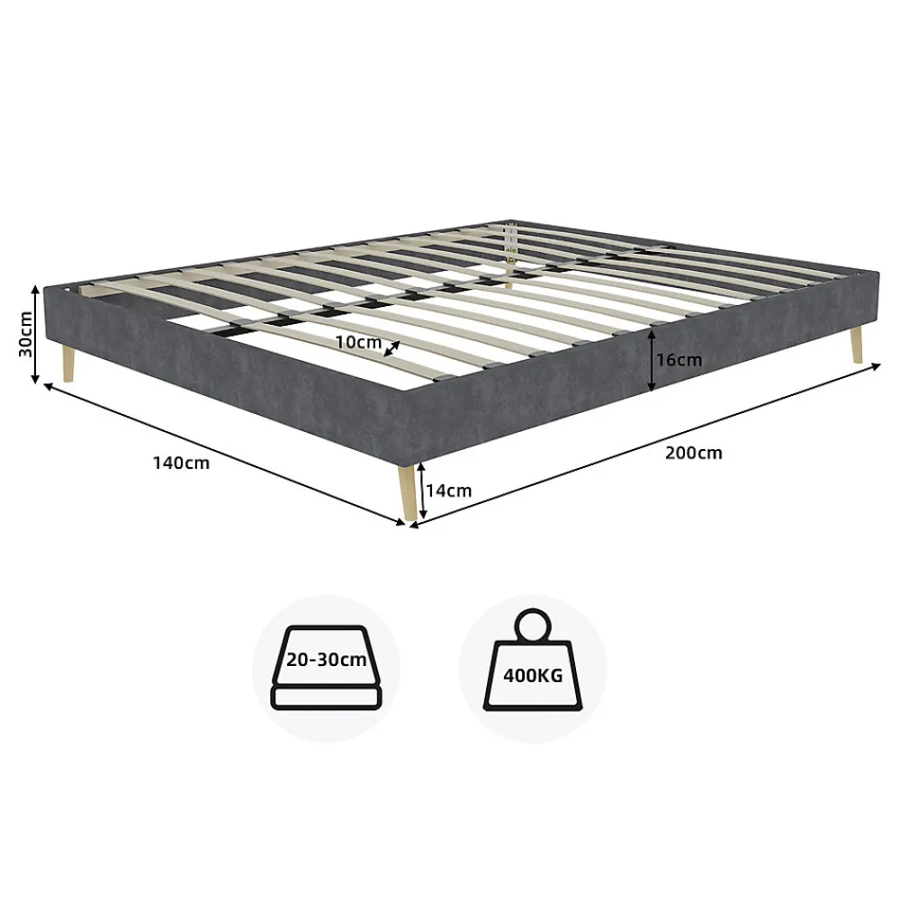 Lit Double 140x200 cm - Lit Adulte/Ado Moderne Style Minimaliste Sans Tête de Lit ni Matelas, Cadre Métal, Velours, Gris>Okwish Outlet