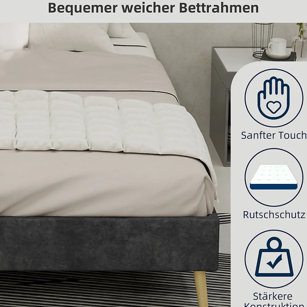 Lit Double 140x200 cm - Lit Adulte/Ado Moderne Style Minimaliste Sans Tête de Lit ni Matelas, Cadre Métal, Velours, Gris>Okwish Outlet