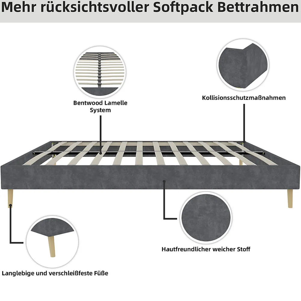 Lit Double 140x200 cm - Lit Adulte/Ado Moderne Style Minimaliste Sans Tête de Lit ni Matelas, Cadre Métal, Velours, Gris>Okwish Outlet