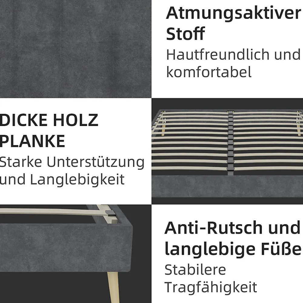 Lit Double 140x200 cm - Lit Adulte/Ado Moderne Style Minimaliste Sans Tête de Lit ni Matelas, Cadre Métal, Velours, Gris>Okwish Outlet
