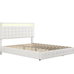 Okwish Lit double 140x200 cm - Lit adulte avec éclairage LED et tête de lit réglable - PU + MDF - Sans matelas - Blanc* Lit Double