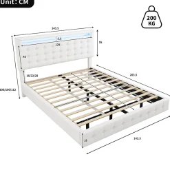Okwish Lit double 140x200 cm - Lit adulte avec éclairage LED et tête de lit réglable - PU + MDF - Sans matelas - Blanc* Lit Double