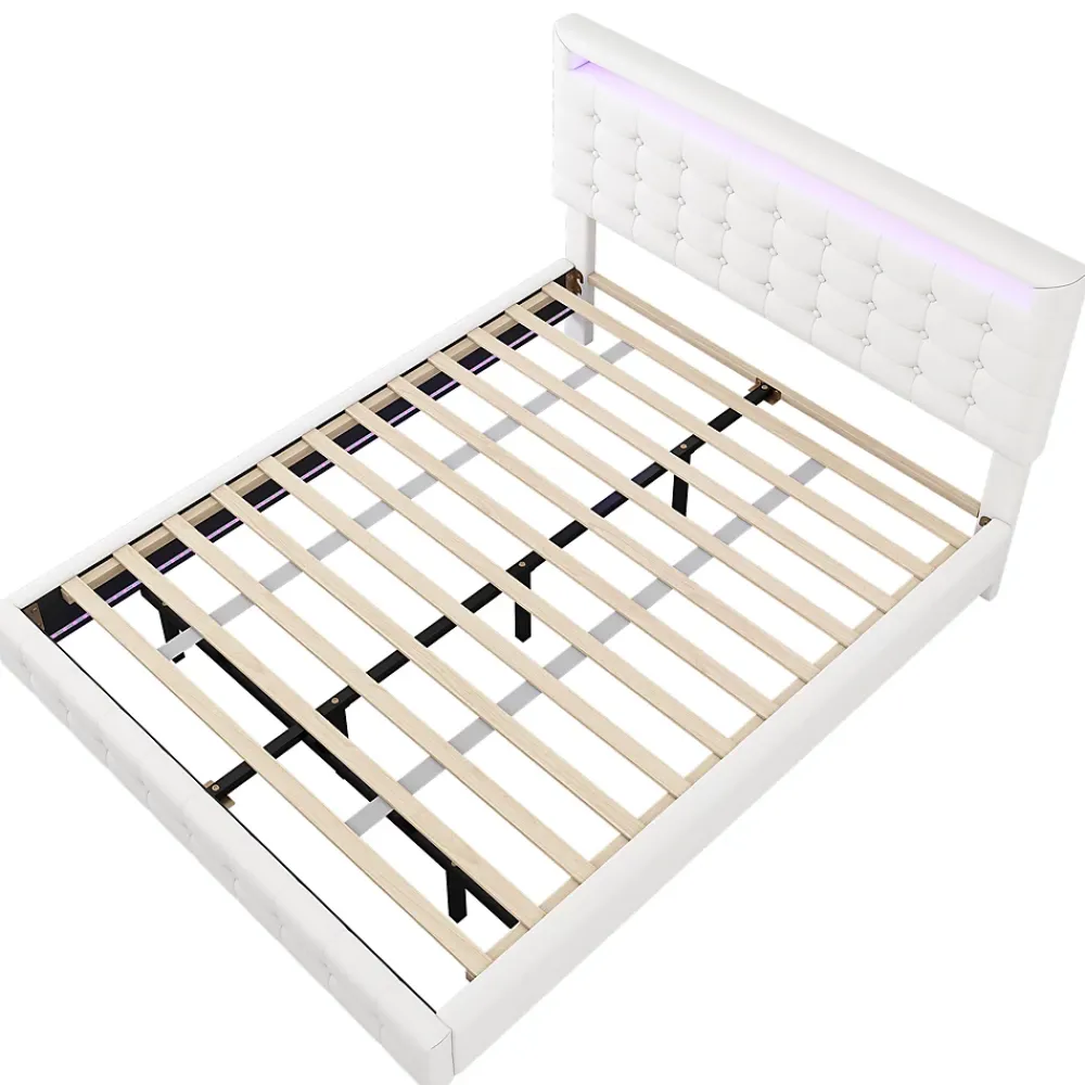 Okwish Lit double 140x200 cm - Lit adulte avec éclairage LED et tête de lit réglable - PU + MDF - Sans matelas - Blanc* Lit Double