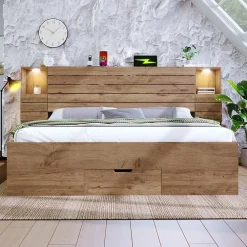 Okwish Lit Double 160x200 cm - Lit Adulte avec Rangement et Éclairage LED - Port USB et Niche Lumineuse - Sans Matelas - Bois - Chêne* Lit Double