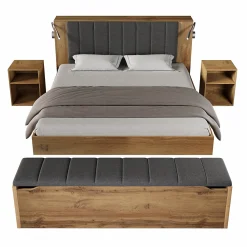 Lit Double 160x200 cm - Lit Adulte avec Tête de Lit Rabattable et Rangement - 2 Tables de Chevet et Banc - Sans Matelas - Naturel><noscript><img width=