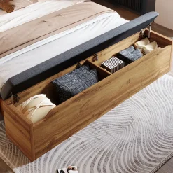 Lit Double 160x200 cm - Lit Adulte avec Tête de Lit Rabattable et Rangement - 2 Tables de Chevet et Banc - Sans Matelas - Naturel><noscript><img width=