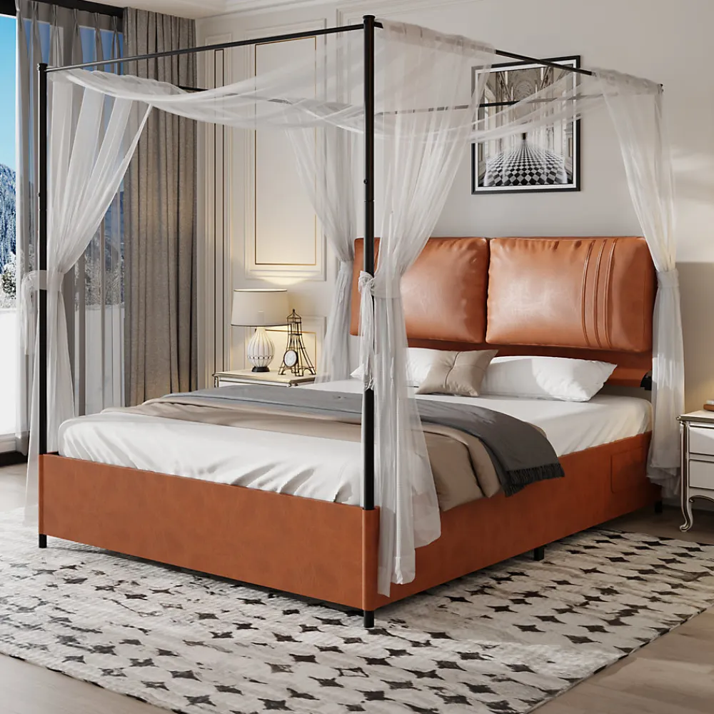Lit Double 140x200 cm - Lit Adulte en PU avec Têtières Amovibles et Boucles Métalliques - design Moderne - Sans Matelas - Beige>Okwish
