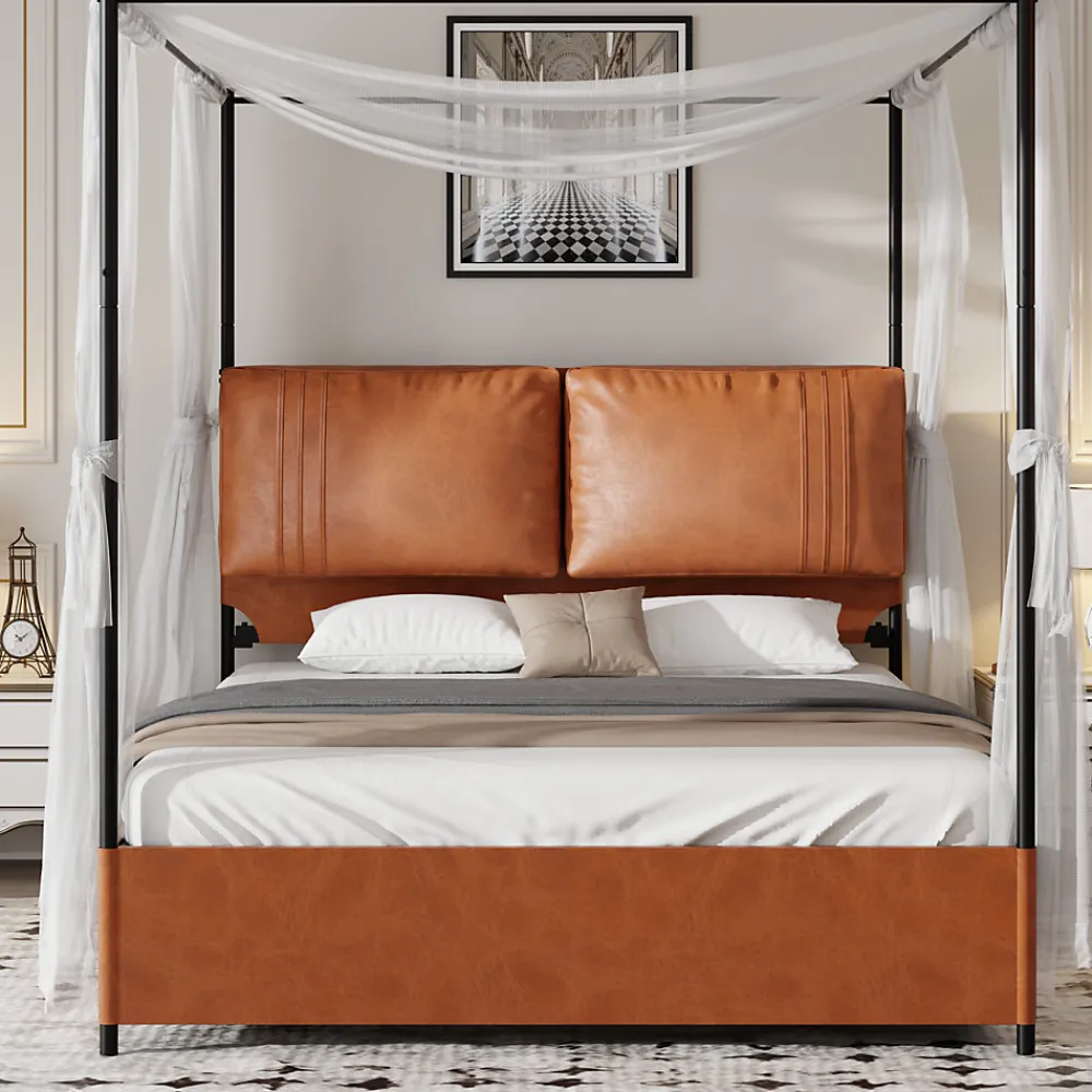 Lit Double 140x200 cm - Lit Adulte en PU avec Têtières Amovibles et Boucles Métalliques - design Moderne - Sans Matelas - Beige>Okwish