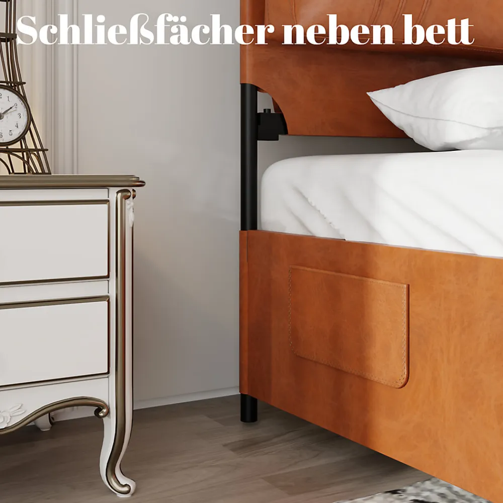 Lit Double 140x200 cm - Lit Adulte en PU avec Têtières Amovibles et Boucles Métalliques - design Moderne - Sans Matelas - Beige>Okwish