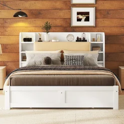 Okwish Lit Double 160x200 cm - Lit Adulte avec 4 Tiroirs et Tête Multifonctionnelle - Bois de Pin et MDF - Blanc - Sans Matelas* Lit Double
