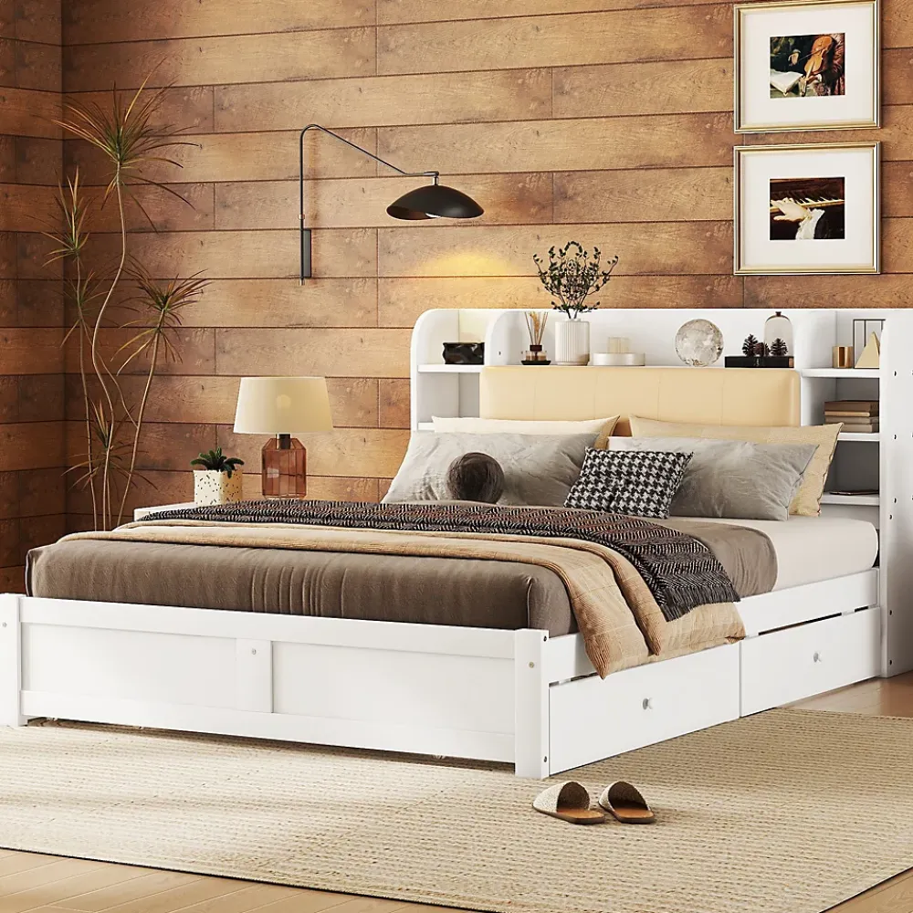 Okwish Lit Double 160x200 cm - Lit Adulte avec 4 Tiroirs et Tête Multifonctionnelle - Bois de Pin et MDF - Blanc - Sans Matelas* Lit Double