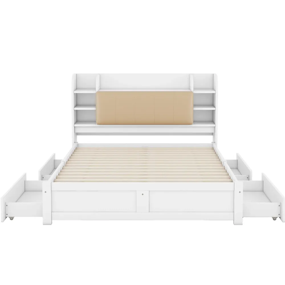 Okwish Lit Double 160x200 cm - Lit Adulte avec 4 Tiroirs et Tête Multifonctionnelle - Bois de Pin et MDF - Blanc - Sans Matelas* Lit Double