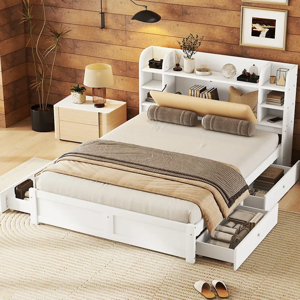 Okwish Lit Double 160x200 cm - Lit Adulte avec 4 Tiroirs et Tête Multifonctionnelle - Bois de Pin et MDF - Blanc - Sans Matelas* Lit Double