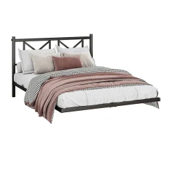 Okwish Lit Double 140x200 cm - Lit Adulte Moderne, avec Rangements, Éclairage LED Multicolore et Prises USB - Métal Noir, sans Matelas* Lit Double