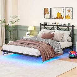 Okwish Lit Double 140x200 cm - Lit Adulte Moderne, avec Rangements, Éclairage LED Multicolore et Prises USB - Métal Noir, sans Matelas* Lit Double