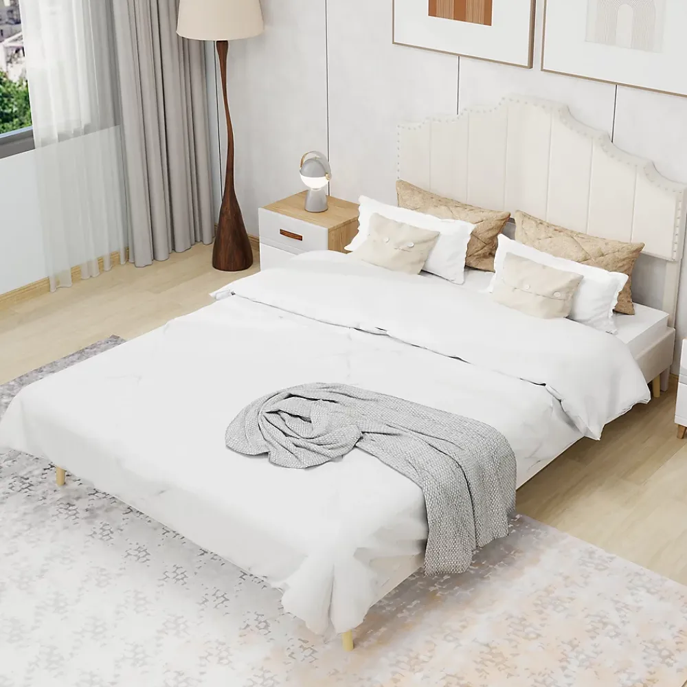 Okwish Lit Double 160x200 cm - Lit Adulte Style Moderne avec Tête de Lit Confortable, en Tissu Beige, Sans Matelas* Lit Double