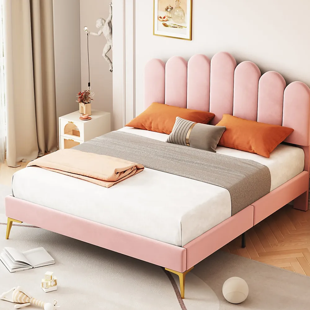 Lit Double 140x200 cm - Lit avec Tête de Lit et Sommier À Lattes, Sans Matelas, en Velours Rose>Okwish Hot