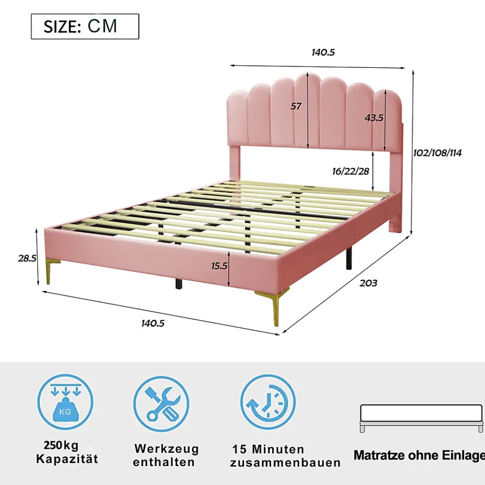 Lit Double 140x200 cm - Lit avec Tête de Lit et Sommier À Lattes, Sans Matelas, en Velours Rose>Okwish Hot