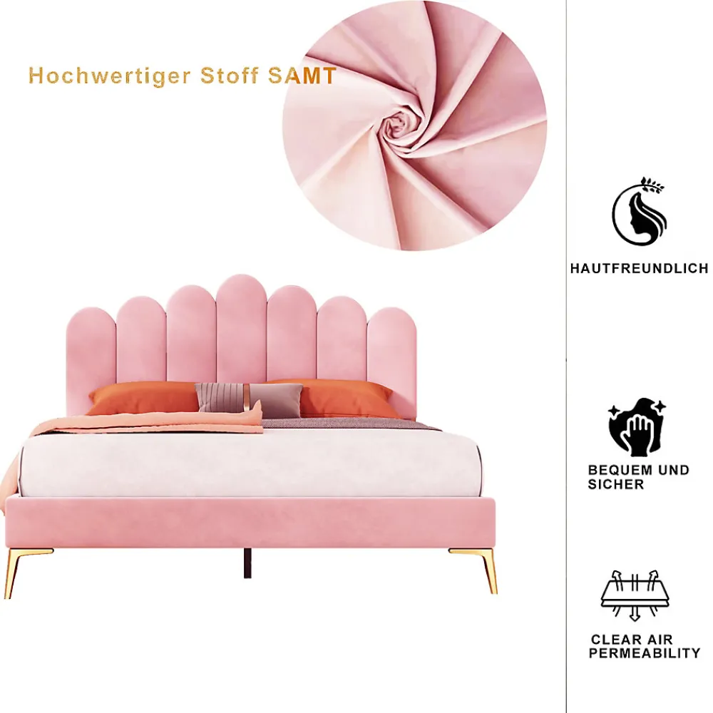 Lit Double 140x200 cm - Lit avec Tête de Lit et Sommier À Lattes, Sans Matelas, en Velours Rose>Okwish Hot